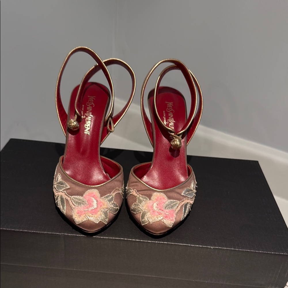 Yves Saint Laurent Brown and Pink Heels with Floral Design